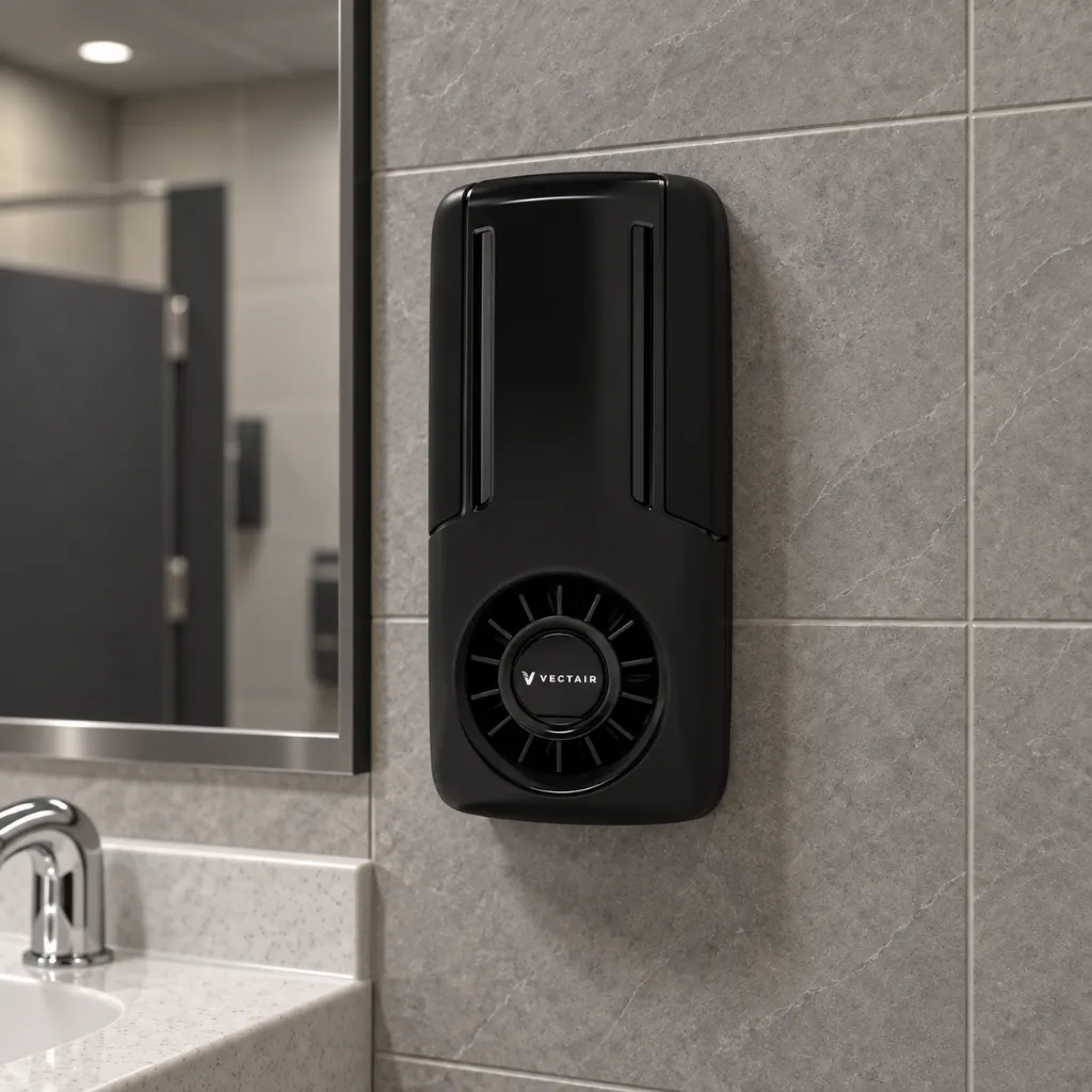 v-air flow dispenser black bathroom wall.webp