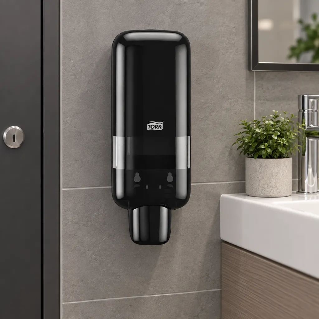 Tork soap and sanitiser dispenser S4 bathroom setting.webp